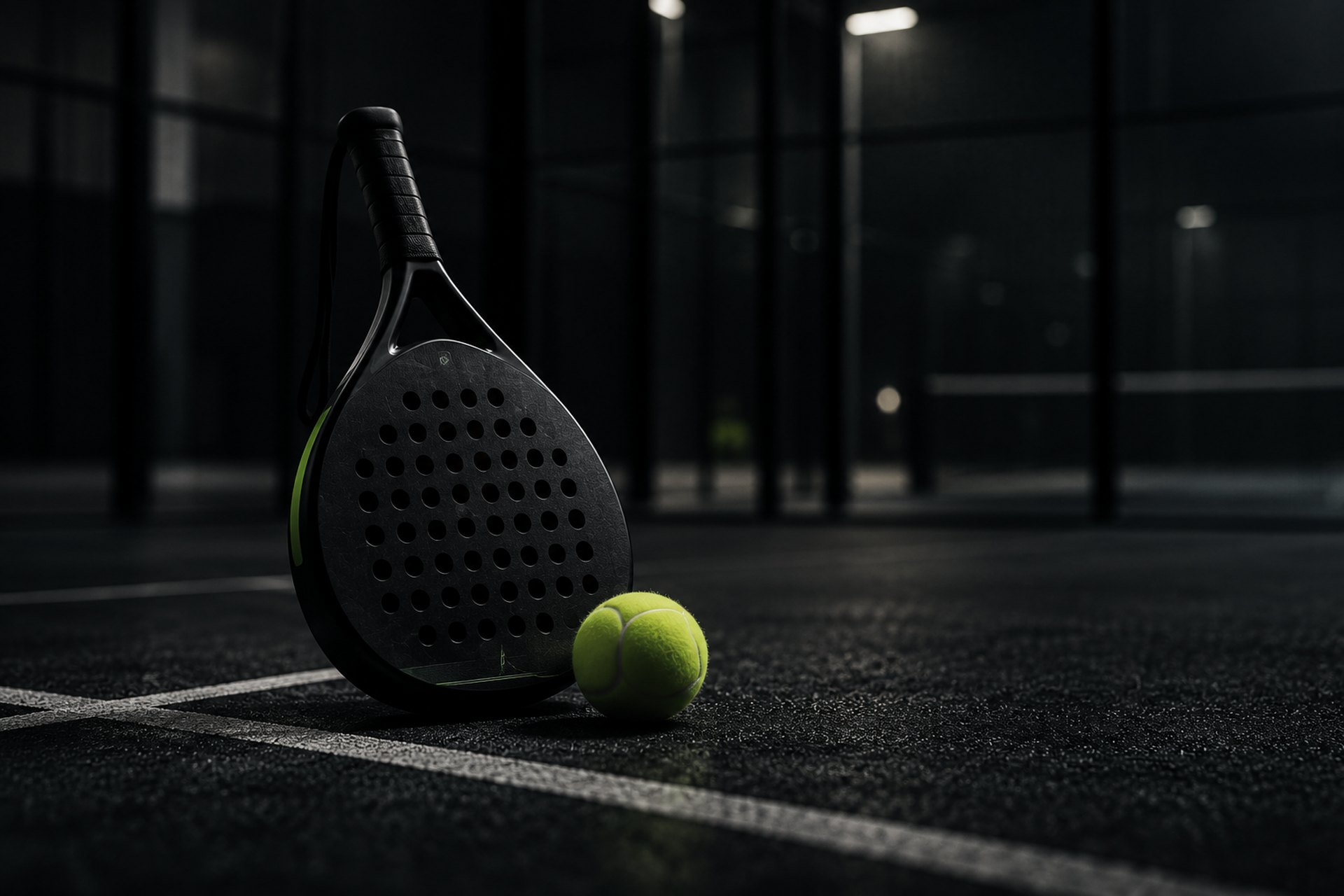 Padel-Aufschlag vor dunklem Hintergrund